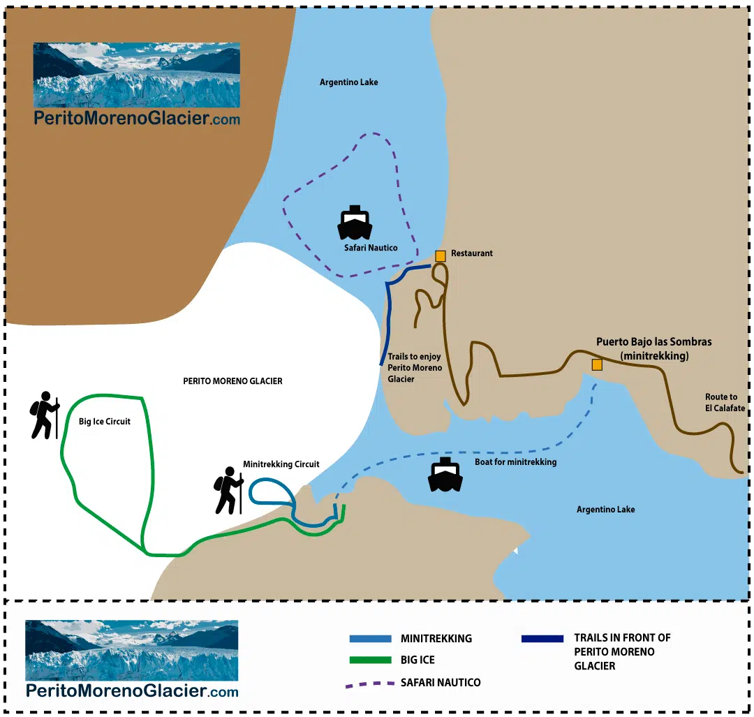 Trail map for Minitrekking and Big Ice trekking tours in Perito Moreno Glacier.