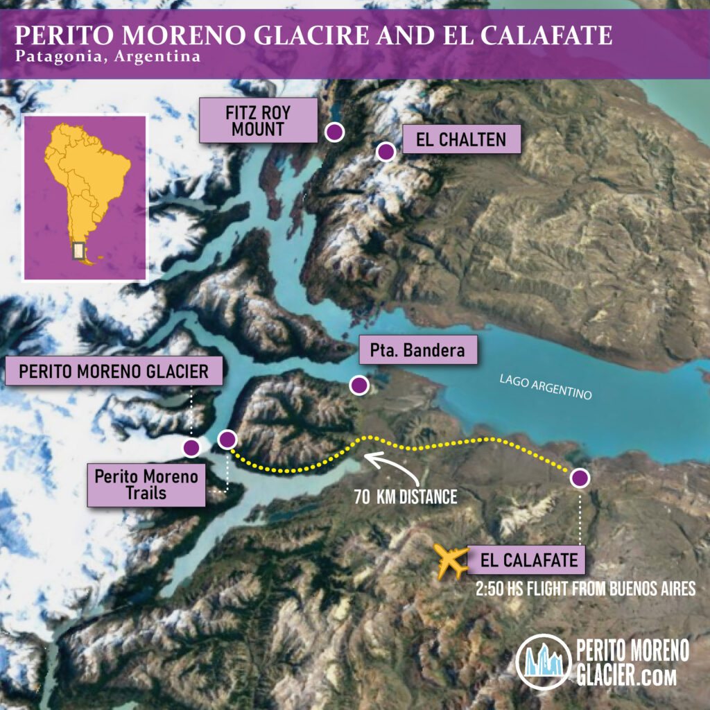 Map of Perito Moreno Glacier trails and travel route from El Calafate Airport to Los Glaciares National Park.