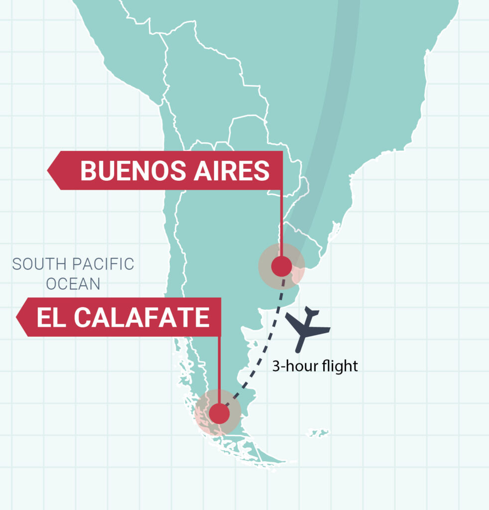 Map of the air route from Buenos Aires to El Calafate