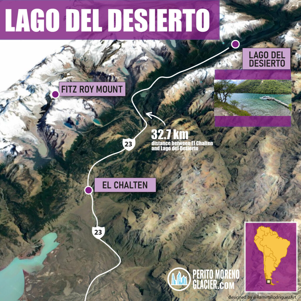 Map showing how to reach Lago del Desierto from El Chaltén